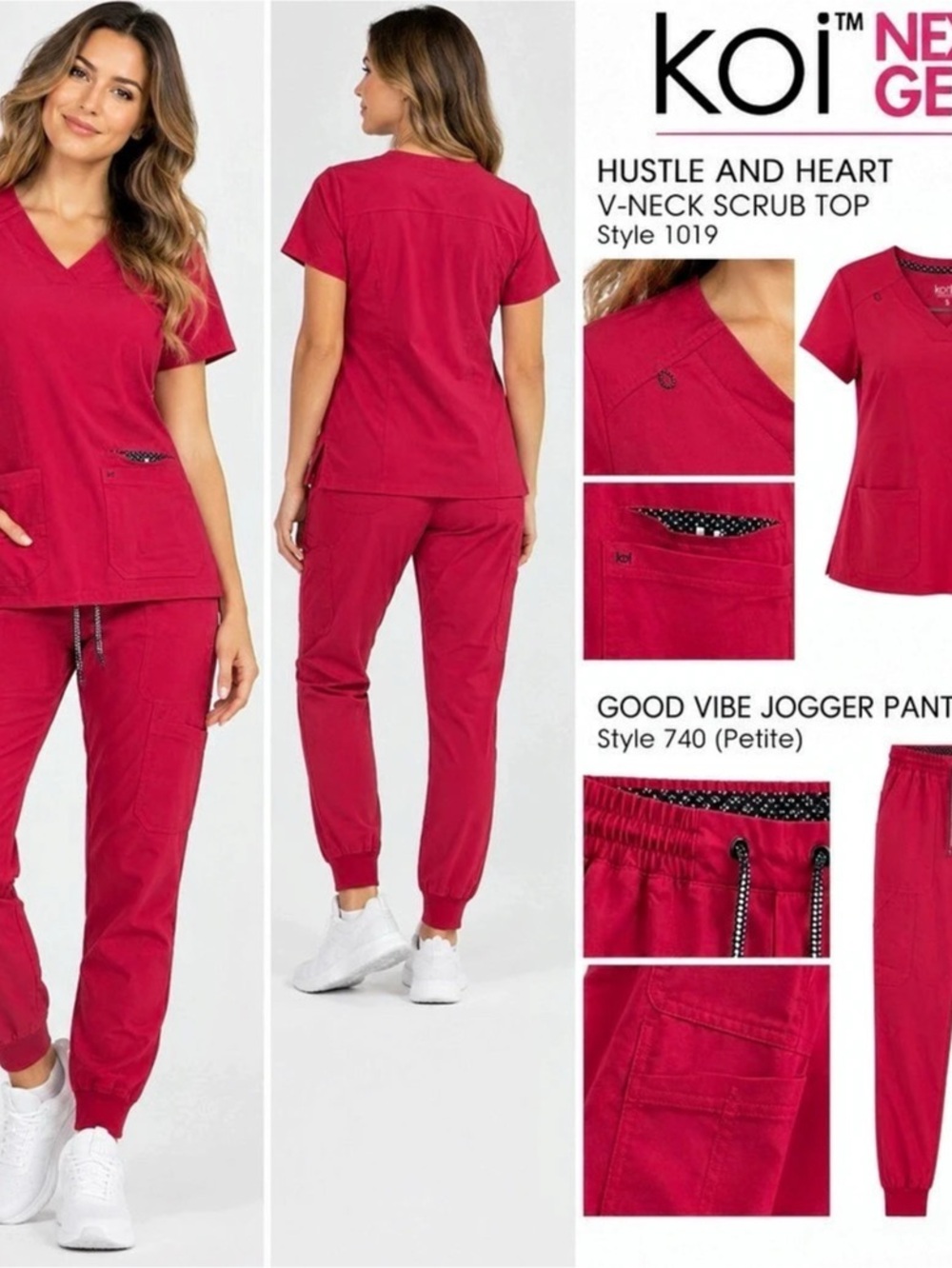 Koi Hustle and Heart V-Neck Scrub Top and Good Vibe Jogger Pant Pink Scrub Set